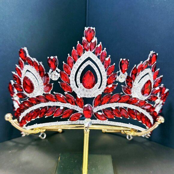 Quinceanera Crown, Ruby Rhinestone Crown, Large Size Crown, Silver Crystal Crown